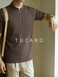 Tucano 男士棕色竖条纹开衫针织衫，复古商务休闲短袖针织毛衣，适合办公室和日常穿着 - 棕色 - View 3