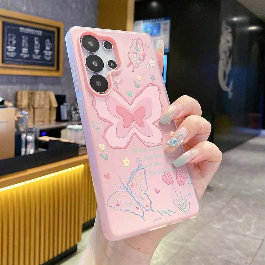 1pc Fashion TPU+PC Dual-Layer Butterfly & Flower Pattern Jelly Phone Case, 2.5mm Thick, Macaroon Color, Compatible With Samsung, Strong Protection, High Fashion, Ideal Choice For Fashionistas In Summer - Baby Pink - View 1