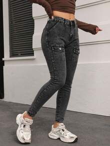 Skinny Cargo Jeans, Washed, Stretchy, With Multiple Buttoned Pockets, Butt-Lifting Effect, Tummy Control And Fitted Cuffs - Black Ash Water Wash - View 3
