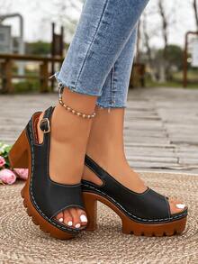 1 par de sandalias de tacón alto nuevas y cómodas, versátiles, adecuadas para salir, vacaciones y fiestas - Negro - Ver 4