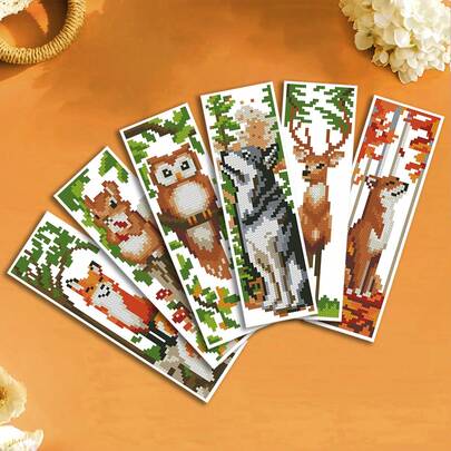 6 chiếc bookmark thêu chữ thập hình động vật, thiết kế mèo, chó và rừng dễ thương, bộ bookmark thêu thủ công tự làm, quà tặng sáng tạo dành cho người yêu thích đọc sách.