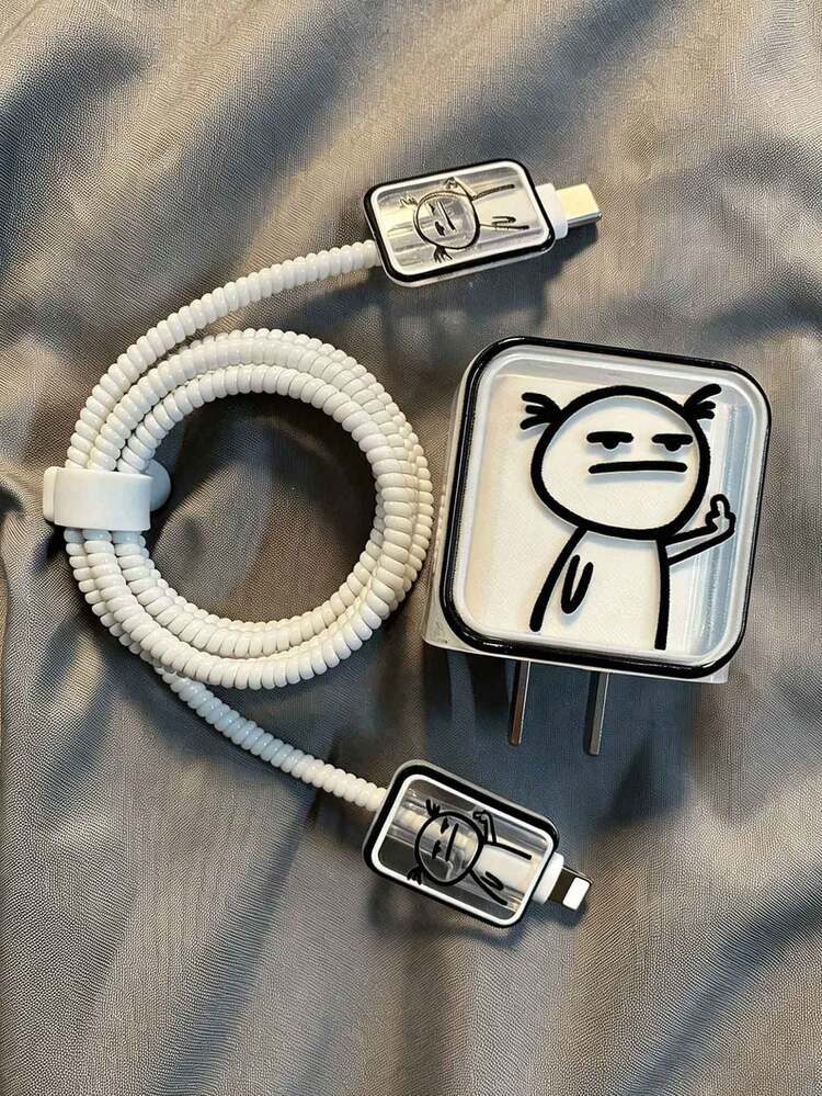5个趣味线条艺术充电线保护套，适用于苹果18/20W快充数据线，防断裂 - 彩色 - 查看 4