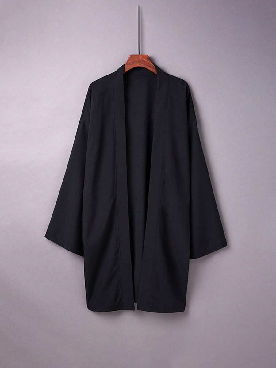 Versatile Solid Color Mid-Length Plus Size Windbreaker, Kimono Cover Up, Chinese Style Long Robe, Hanfu Inspired Lightweight Jacket, Summer Beach Swimsuit Cover Up Black - Black - View 1