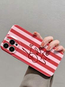 1pc Minimalist Dual-Color Striped English Slogan Perforated Glossy Film Phone Hard Case, Suitable For IPhone 11/12/13/14/15/16 Pro Max - Multicolor - View 3
