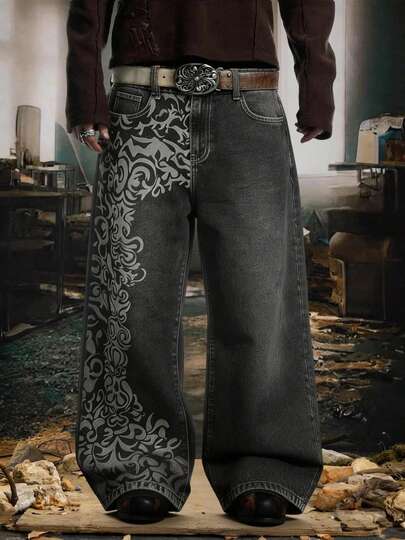 Quần jeans nam màu đen kiểu Mỹ với họa tiết in laser nổi bật, dáng rộng ống suông, thiết kế độc đáo, phù hợp cho mọi mùa (Không bao gồm thắt lưng và phụ kiện).