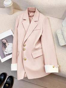 Áo blazer nữ thanh lịch, kiểu dáng công sở tối giản, màu trơn, cài nút, màu hồng nhạt, thích hợp cho mùa xuân. - Hồng - Xem 4