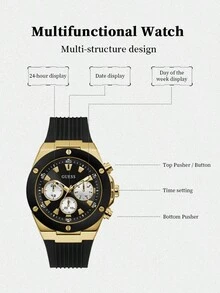 Guess Stainless Steel Case Rubber Strap Quartz Unisex Watch, Minimalist Fashion Design, Suitable For Daily Wear, Perfect Gift For Men And Women, Suitable For All Occasions. Model: GW0030L6/GW0057G1/GW0030L5/GW0057G2/GW0030L4/GW0057G3 - Black Gold - View 5