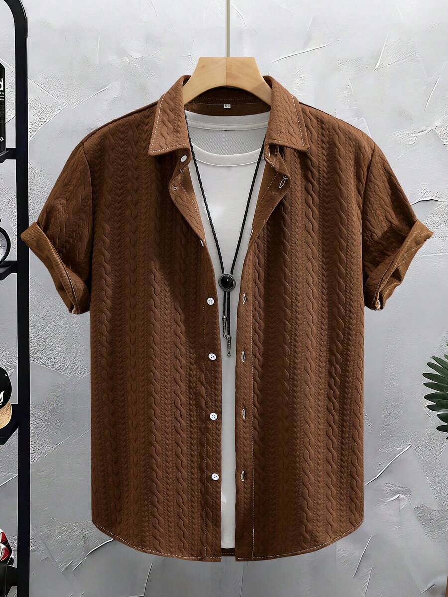 Men's Casual Hawaiian Solid Color Button-Down Short Sleeve Shirt - Khaki - View 1