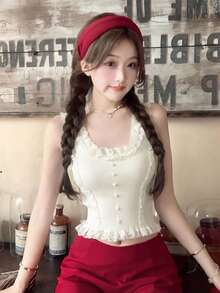 Áo hai dây ren nữ, kiểu dáng ballerina mềm mại lãng mạn, không tay, cài cúc ngọc trai, dáng ngắn, thích hợp mặc thường ngày mùa hè và hẹn hò. - Màu trắng sữa - Xem 6