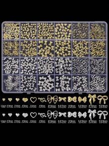 24Grid Nail Art Charms, Featuring Golden Silver Metal Rivets, With Hollow Heart And Bow Designs, Moon, Star, For DIY Nail Decoration And Jewelry Crafting, For A Japanese-Style Manicure. - Multicolor - View 4