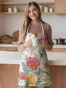 1pc, Flower Pattern Polyester Apron, Suitable For Cooking, Baking, And Gardening - Can Be Used As Attire For The Kitchen And Dining - Multicolor - View 6