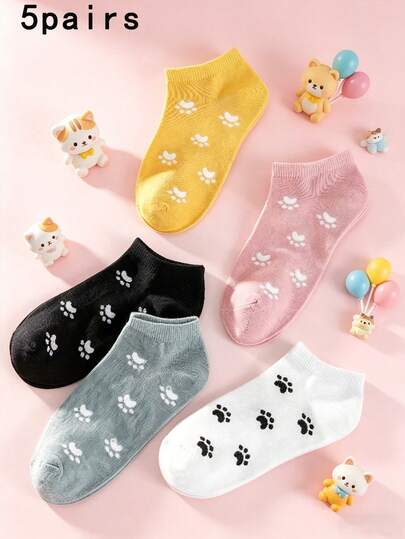 5 Pairs Women's Colorful Cat Claw Pattern Casual Ankle Socks, Fashionable & Versatile For Spring/Summer