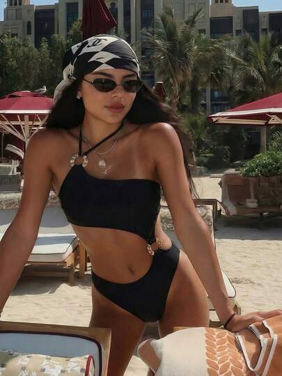 LOPIPILIU 1 pieza Traje de baño de punto de unicolor y espalda descubierta, traje de baño para vacaciones de verano en la playa