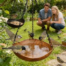Faux Wood Grain Bird Feeder And Waterer Set, Hanging Bird Bath Specially Designed For Birds To Play. The Open Bowl-Shaped Space Is Filled With Ample Clean Water, Providing Birds A And Comfortable Bathing, Drinking And Playing Area. The Wood Grain Imitation Surface Processing Perfectly Integrates The Bird Feeder And Waterer Set, Ideal For Yard Decor - one-size - View 8