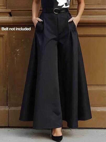 Quần ống rộng dáng suông, màu trơn, có túi, dành cho nữ, màu đen, thích hợp cho mùa xuân.