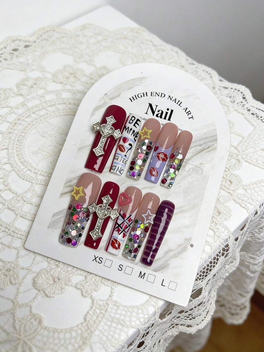 10 piezas de uñas postizas de lujo con estampado de estrella francesa y labios rojos, adecuadas para niñas, vacaciones, bodas y fiestas - Multicolor - Ver 1