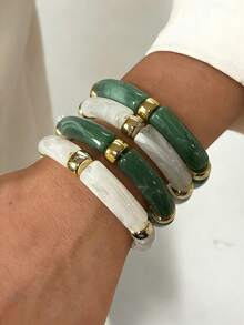 4pcs/Set Vintage Minimalist Elegant Resin Acrylic Brown Elastic Bracelet Set For Women, Suitable For Daily, Party, Valentine's Day, Dating, Holiday Gift, Stackable, 2026 New Arrival - Multicolor - View 9