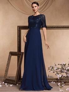 Đầm dạ hội phối lưới đính sequin tương phản, thanh lịch, trang trọng, thích hợp cho tiệc cưới, lễ tốt nghiệp, tiệc tối mùa xuân. - Màu xanh hải quân - Xem 8