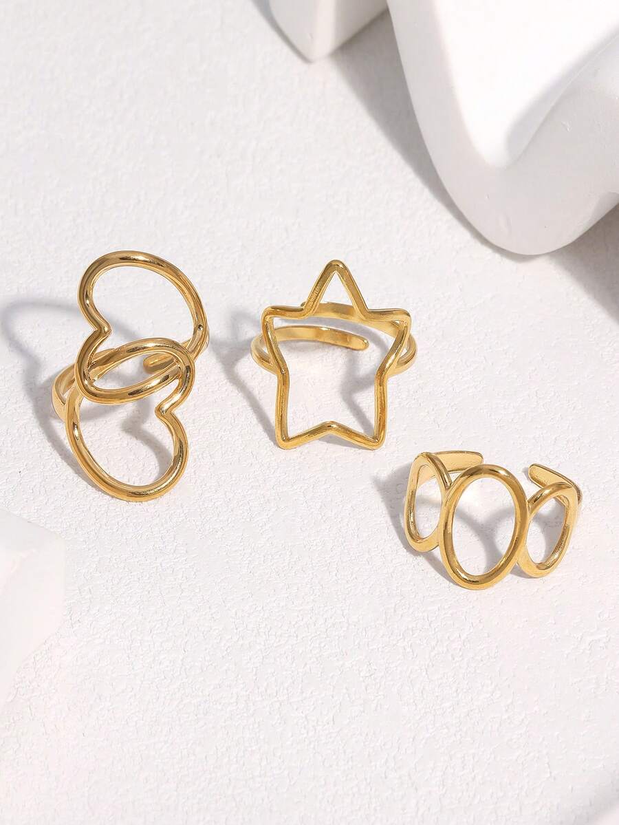 3pcs/Set Minimalist Chic Geometric Star & Heart Shaped Open Ring, Stainless Steel Gold Plated, Suitable For Women Daily, Party, Date Wear - Three Piece Set - View 1