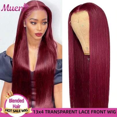 30 36 Inches 200% 99J Burgundy 13x4 Lace Front Wig Brazilian Virgin Human Blended Hair Straight HD Lace Frontal Wig Pre Plucked Red Wine Colored Wig