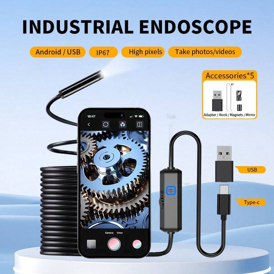 NATFIRE Cámara endoscópica con luz, herramienta endoscópica HD, 6 luces LED ajustables, grabación de fotos y videos, cámara endoscópica de serpiente semirrígida, endoscopio de inspección compatible con teléfonos Android y portátiles, para reparación de automóviles, fontanería y alcantarillado, gadget de herramienta genial para hombres