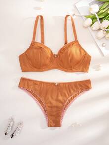 1 Set Women's Solid Color Floral Underwire Comfortable Bra Set - Rust Brown - View 4