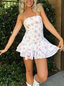 Sweet & Cute Ditsy Floral Tube Top A-Line Dress, Suitable For Beach, Vacation, Music Festival, Spring/Summer, Back To School, Women's Date Outfit, Basic Style, Country Elegant - Hồng - Xem 1