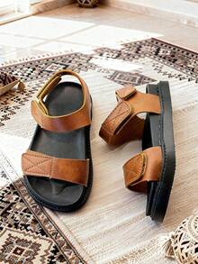 1 Pair Fashion Children's Sandals, Brown Girls' Flat Sandals, 3 Hook And Loop Design, Soft Non-Slip Wear-Resistant Sole, Suitable For Summer Outings, Banquets, Parties, Vacations - Brown - View 4