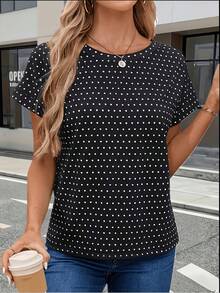 Plus Size Women's Black Polka Dot Short Sleeve Wrap Design Knit Top, Suitable For Vacation And Daily Wear Summer - Black - View 3