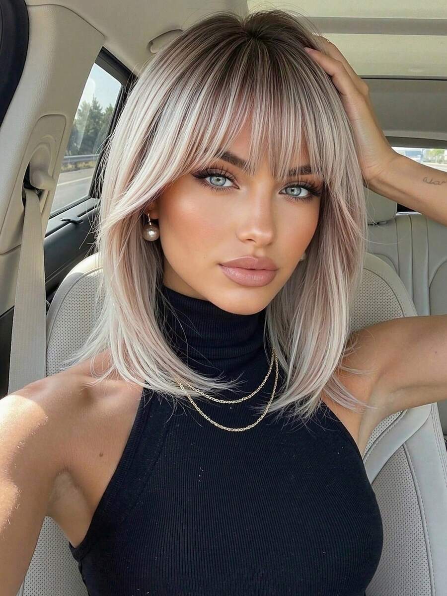 14 Inch Rooted Ombre Ash Blonde Bob Wig For Women With Air Bangs Shoulder Length Straight Heat Resistant Synthetic Wig Natural Looking For Cosplay Party Daily Use