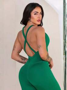 Women's Long Leggings Jumpsuit For Gym Workout, Backless, Lifts And Enhances Buttocks,  Fitness - màu xanh lá - Xem 2