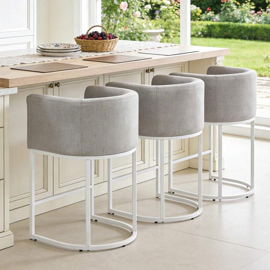 26" H Counter Height Bar Stools Set Of 3, Modern Barrel Counter Stools With Backrest And Arms, Black Metal Frames,Fabric Upholstered Accent Barstools - trắng - Xem 1