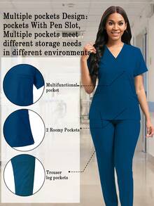 Women's Surgical Gown Set, Casual Nurse Uniform Set, Breathable Quick-Dry Surgical Shirt And Pants Spring - Navy Blue - View 3