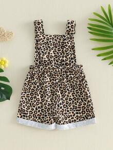 Peto corto de verano para bebé niña con estampado de leopardo, sin mangas, con tirantes. - Amarillo - Ver 2