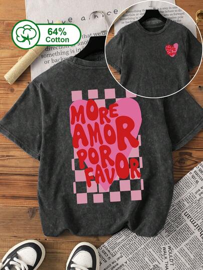 Camiseta de cuello redondo de manga corta con estampado de copos de nieve retro para mujer talla grande, con estampados dobles, corazones, cuadros y talla grande, casual y sencilla, adecuada para uso diario en el hogar y al aire libre en verano y otoño, con textura lavada, camiseta estampada para mujer, camiseta talla grande