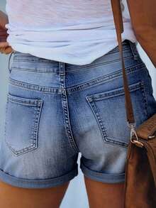 Distressed Solid Color 2-Button Denim Shorts, Pocket Design, Versatile And Stylish For Women - Light Wash - View 3
