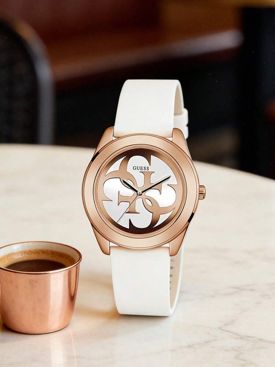 Guess Đồng hồ nữ tối giản hình học rỗng, vỏ hợp kim vàng hồng, dây đeo silicon trắng mềm mại, đồng hồ đeo tay thạch anh thanh lịch, phù hợp cho đi làm hàng ngày, sinh viên, làm quà tặng và phối đồ thời trang đường phố. - trắng - Xem 1