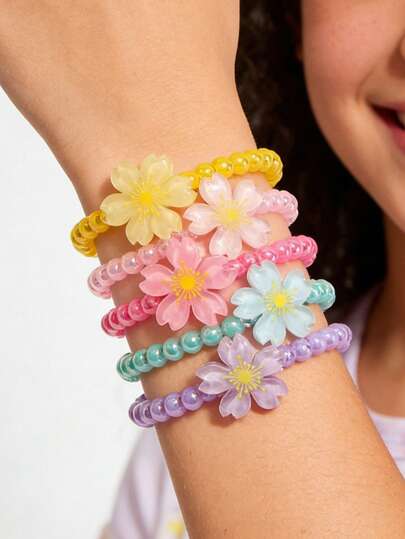 Bộ 5 vòng tay đính hạt hình hoa, phụ kiện kiểu công chúa dành cho bé gái, quà tặng sinh nhật cho bạn bè.