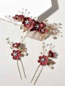 3pcs Set Wine Red Bridal Wedding Headpiece, Pink Flower Hair Comb & Hair Clip - Burgundy - View 2