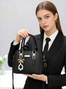 1pc Fashion Versatile Soft & Comfortable Fabric Minimalist Black Handbag, With Pearl Bow Pendant Accessory, Suitable For Travel, Outing, Shopping - Black - View 3