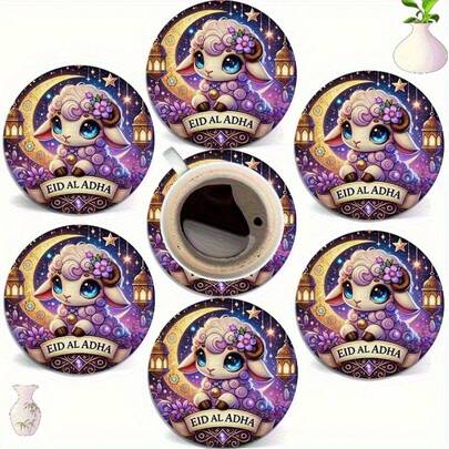 6 piezas de posavasos con diseño impreso 2D de ovejas para Eid Al-Adha, adecuados para tazas de café y té, decoración del hogar para el festival musulmán, accesorios de mesa de comedor, decoraciones ideales para Eid Al-Adha, perfectos para la decoración del hogar islámica, diseño de estilo árabe (sin electricidad)