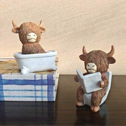1pc Interesting Bathroom Decor - Highland Cow Reading On Toilet Statue, Rustic Style Bathroom Decoration, Resin Made, Home Office Or Gift, No Power Needed, Humorous Design, Fine Texture, Suitable For Christmas, Thanksgiving, Fun Birthday Gift