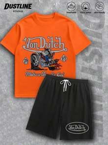 Handmade With Love Mens Creative T Shirt And Shorts Set American Vintage Full Print Street Wear Essential T Shirt Set Men Graphic T Shirt And Shorts Set Vons Dutchs Logo And Text Print Breathable Cotton Casual Outfit For Daily Wear And Leisure Activities Summer Outfits For Women Vacation Outfits Women Summer Clothes Summer - 橘色 2 - 查看 9
