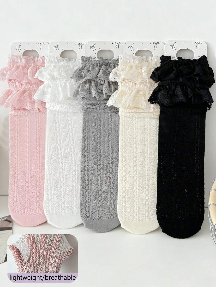 1/2/3/5 Pairs Women Colorful Knee High Socks, Hollow Mesh Lace Mid-Calf Socks, Sweet Thin Tall Socks With Ruffle Trim, Y2K Fashion Slimming Versatile Socks, Spring/Summer/Autumn - Multicolor - View 1