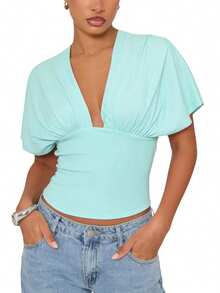 Top corto liso de verano para mujer, sin mangas, con escote en V profundo, corte ajustado, ideal para fiestas y playa. - Azul menta - Ver 3