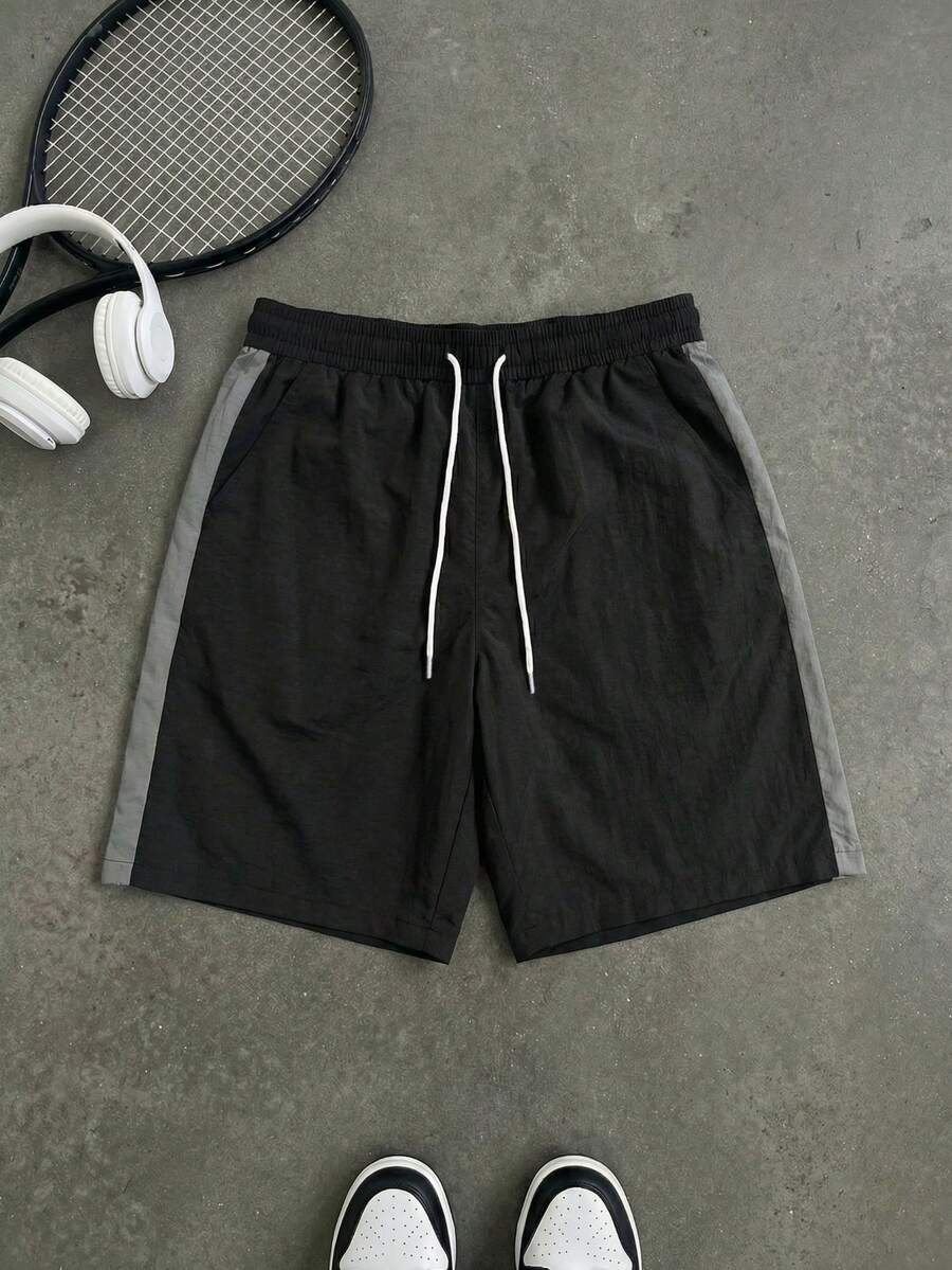 Quần short thể thao nam mùa hè mới, phối màu tương phản, cạp chun có dây rút, kiểu dáng thường ngày, unisex. - màu đen - Xem 1