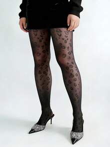 1 Pair Ultra-Thin Shiny Leopard Print Tights, Plus Size Shaping Pantyhose, Perfect For Pairing With Dresses And Various Holiday Occasions, Suitable For Fashion Enthusiasts, Ideal For Daily Wear, Shopping, Dating And Everyday Outfits - Black - View 1