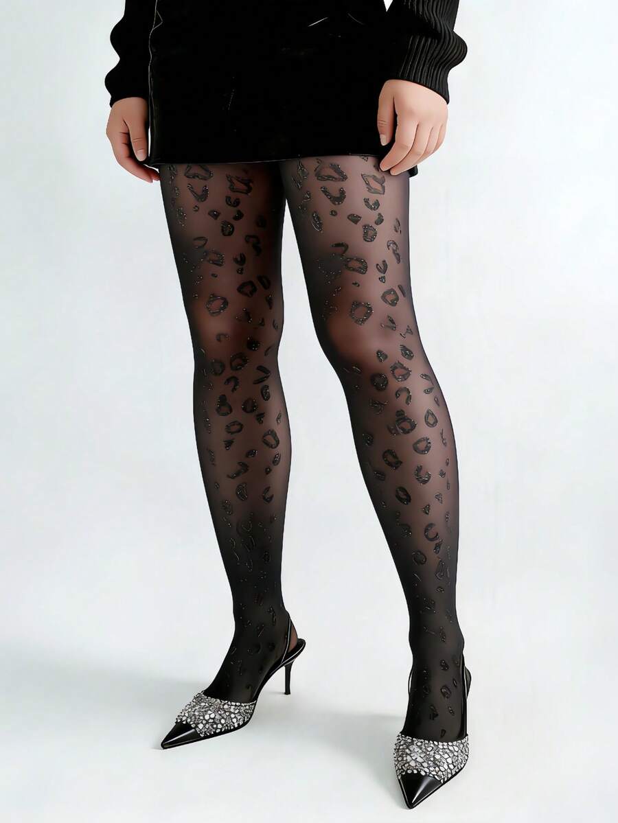1 Pair Ultra-Thin Shiny Leopard Print Tights, Plus Size Shaping Pantyhose, Perfect For Pairing With Dresses And Various Holiday Occasions, Suitable For Fashion Enthusiasts, Ideal For Daily Wear, Shopping, Dating And Everyday Outfits - Black - View 1
