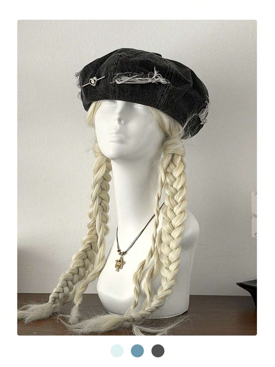 女士心形金属Logo水洗牛仔贝雷帽，Y2K风格百搭小众艺术画家帽，轻便遮阳帽，适合春夏户外活动，街头风贝雷帽