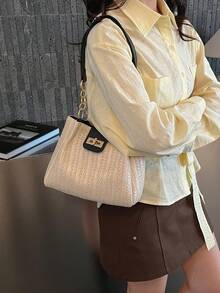 2026新款女士编织手提包，大容量单肩包，沙滩度假草编包，批发 - 黑色 - 查看 7